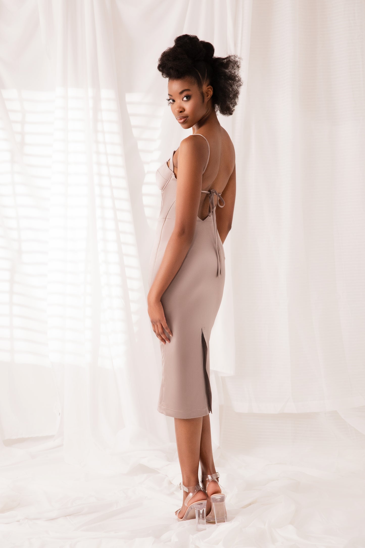 ARIEL Taupe Backless Corset Dress